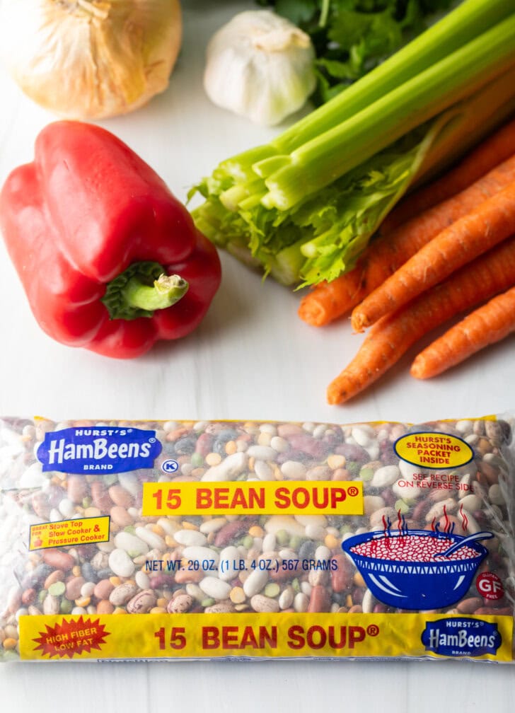 Recipe ingredients: Package of 15 bean soup mix, fresh red bell pepper, celery, and carrots.