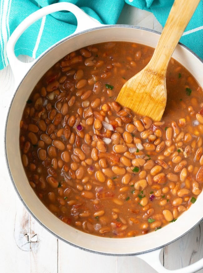 Large pot of cooked frijoles a la olla. 