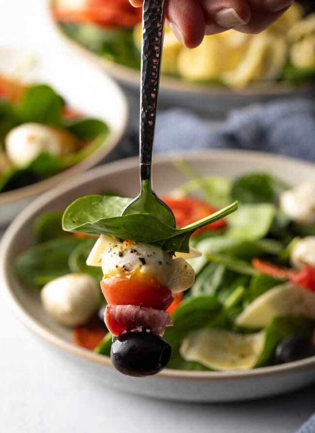 Forkful of salad with spinach, mozzarella, and veggies.