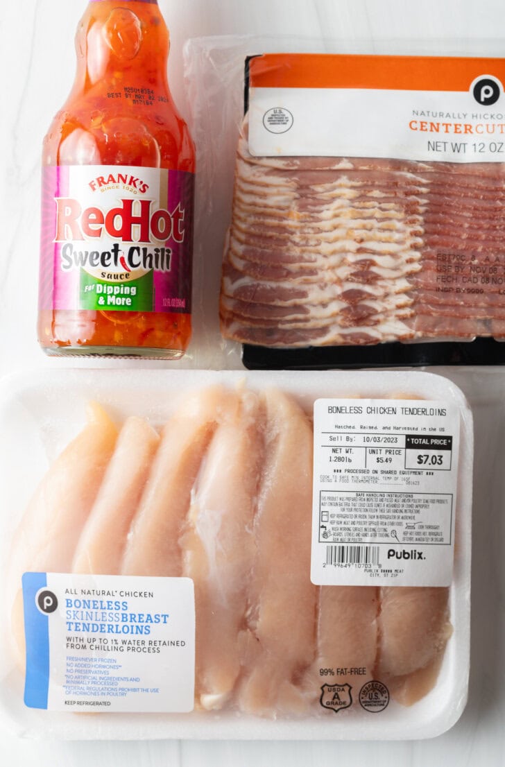 Recipe ingredients: Package of raw chicken breast tenders, sliced bacon, and bottle of Frank's Sweet Chili sauce.