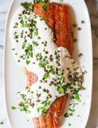 Crazy over this 10-Ingredient Smoky Baked Salmon Recipe with Creamy Horseradish Sauce on ASpicyPerspective.com #holiday