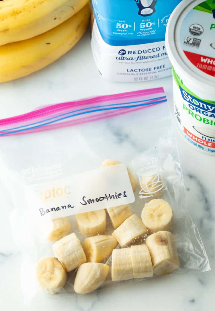 Ziploc bag of frozen chopped banana pieces.