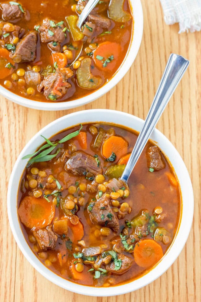 Best Beef and Lentil Stew Recipe in bowl, overhead view