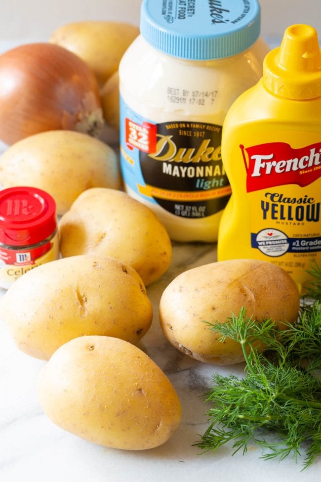 The ingredients you need to make potato salad
