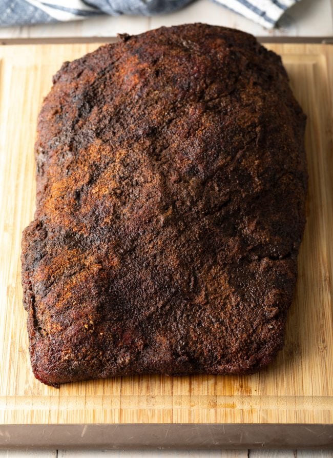 Beef brisket after being smoked and before being sliced. 