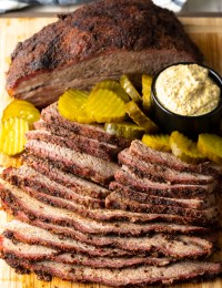 smoked beef brisket with mustard and pickles