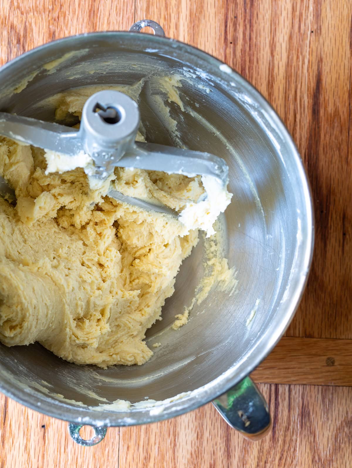 Top view of mixing bowl with raw dough ready for baking these homemade sugar cookies