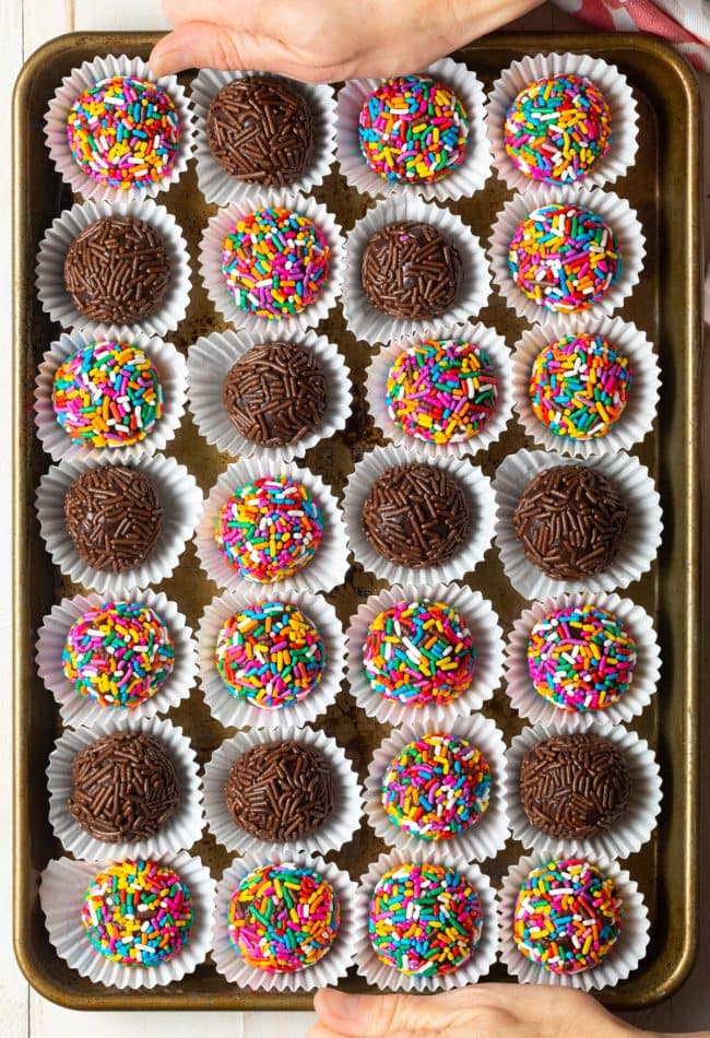 tray of colorful chocolate brigadeiros