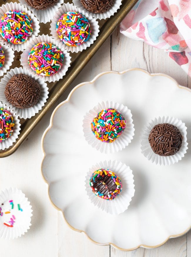 homemade colorful chocolate brigadeiro truffles (negrinho) overhead shot