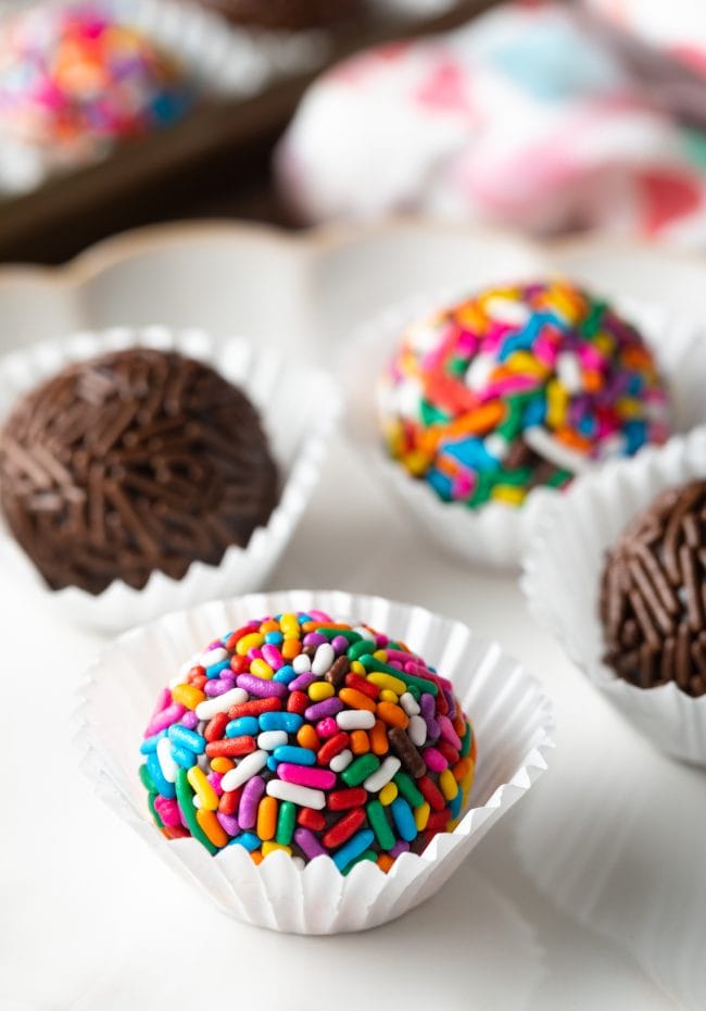 Brigadeiro Recipe - Close up of chocolate brigadeiro recipe with sprinkles