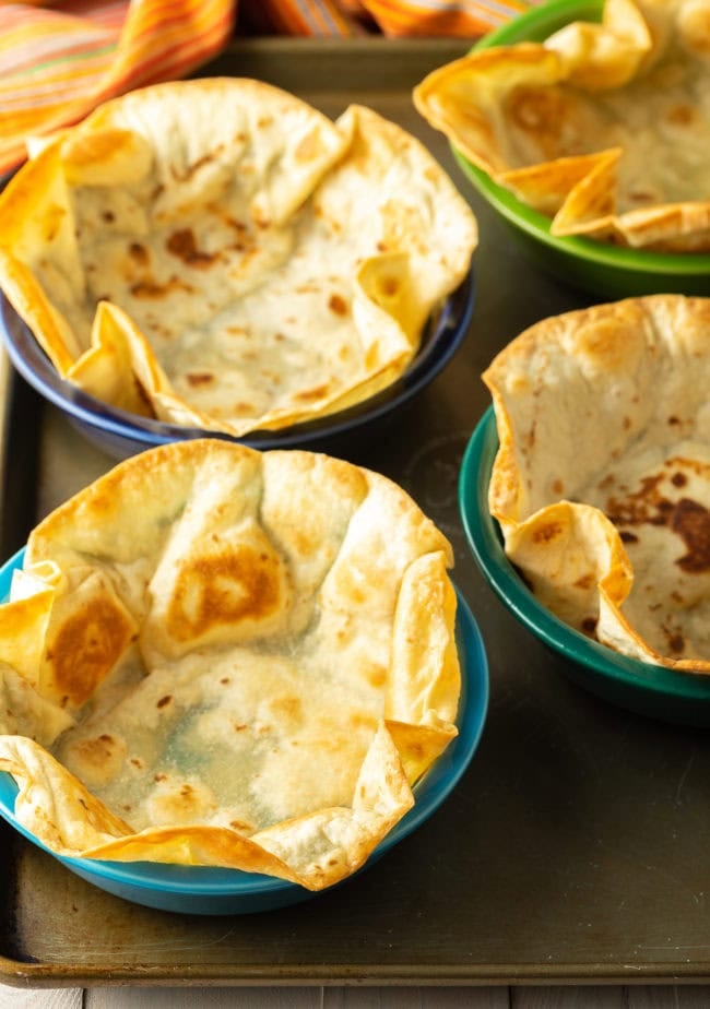 Taco Bowl Shells after being flash fried and baked and placed in bowls. 