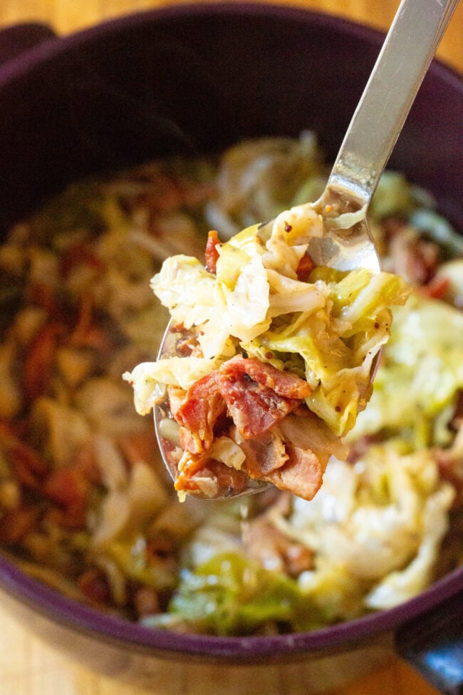 Irish Bacon and Cabbage in a stock pot with a spoon holding a portion above it. 