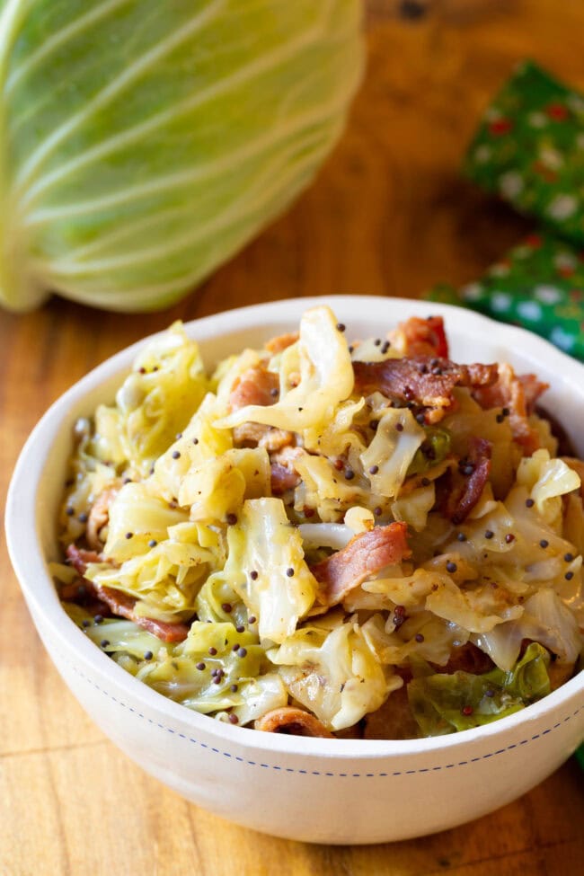 Easy Cabbage and bacon served in bowl.