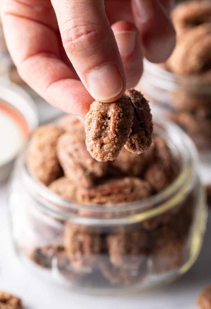 Hand holding candied pecans to camera.