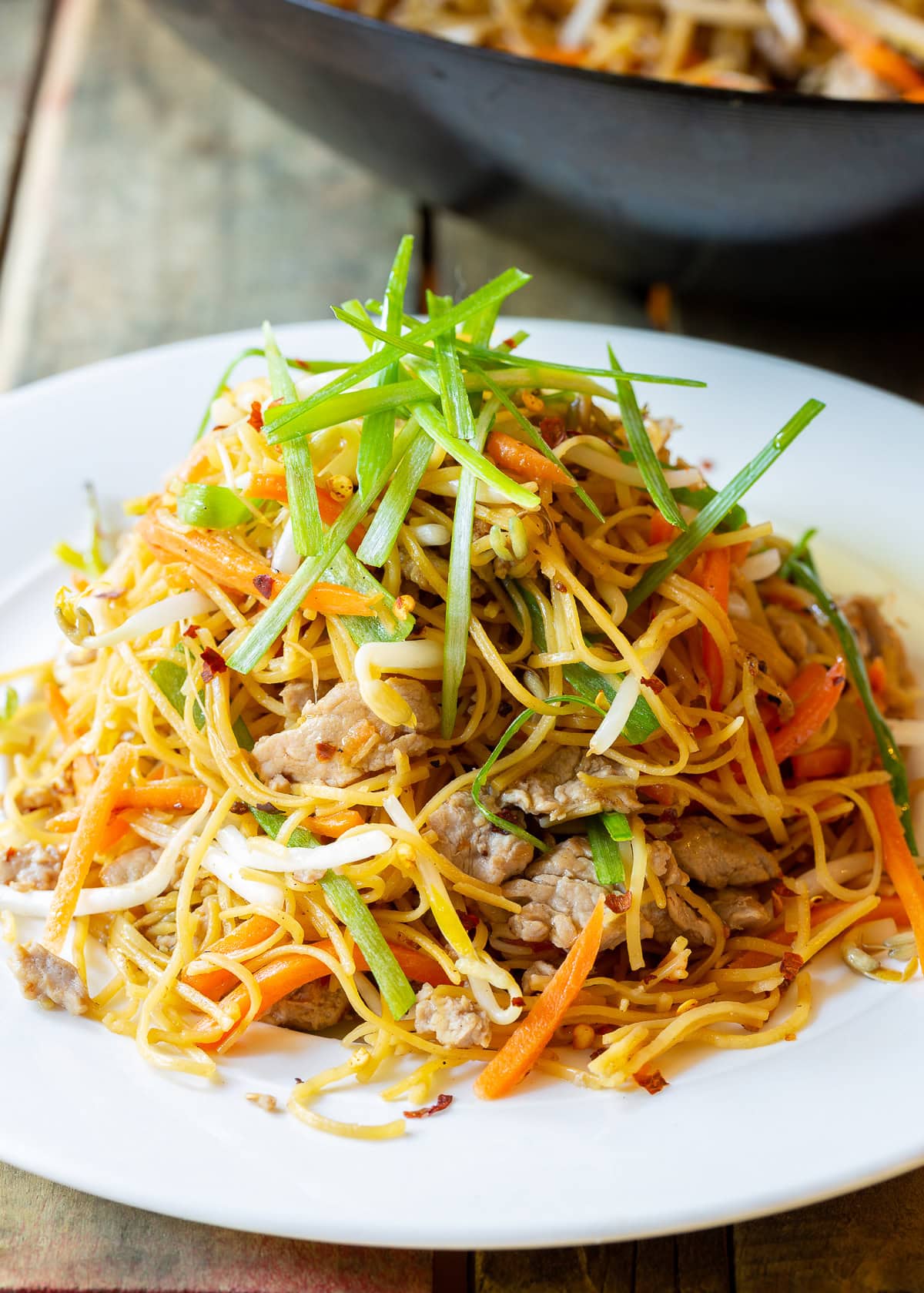 Pork lo mein in a large pile on a white plate. 