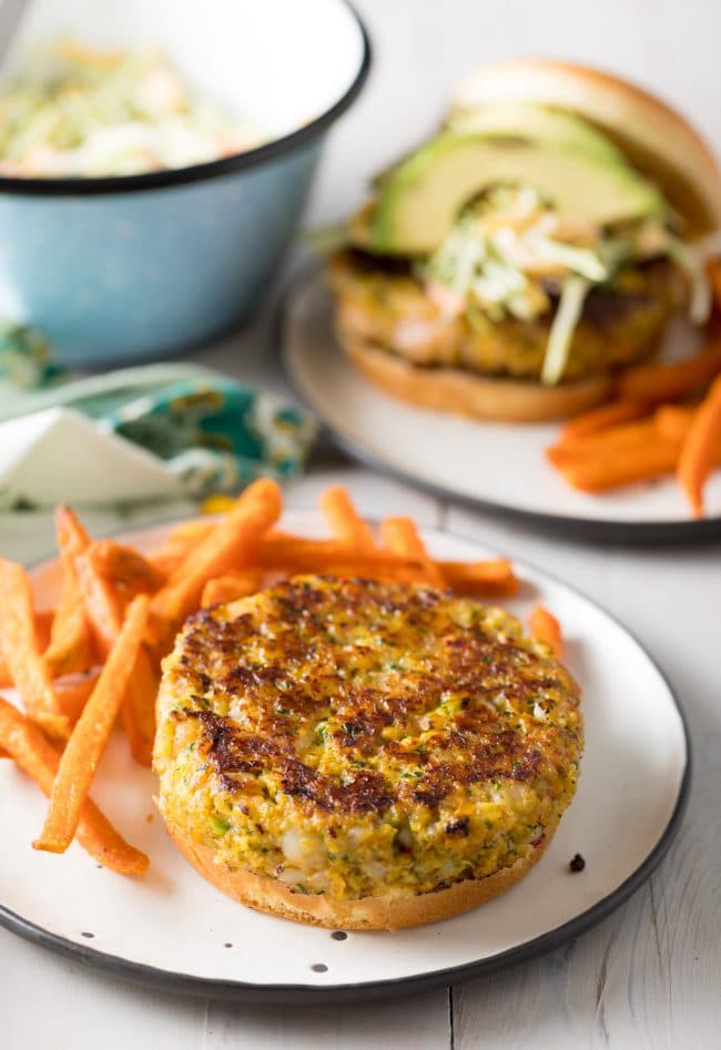 Caribbean Shrimp Burger on bun with sweet potato fries