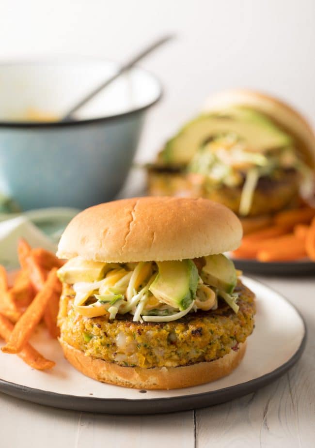 Mango Slaw on Shrimp Burgers