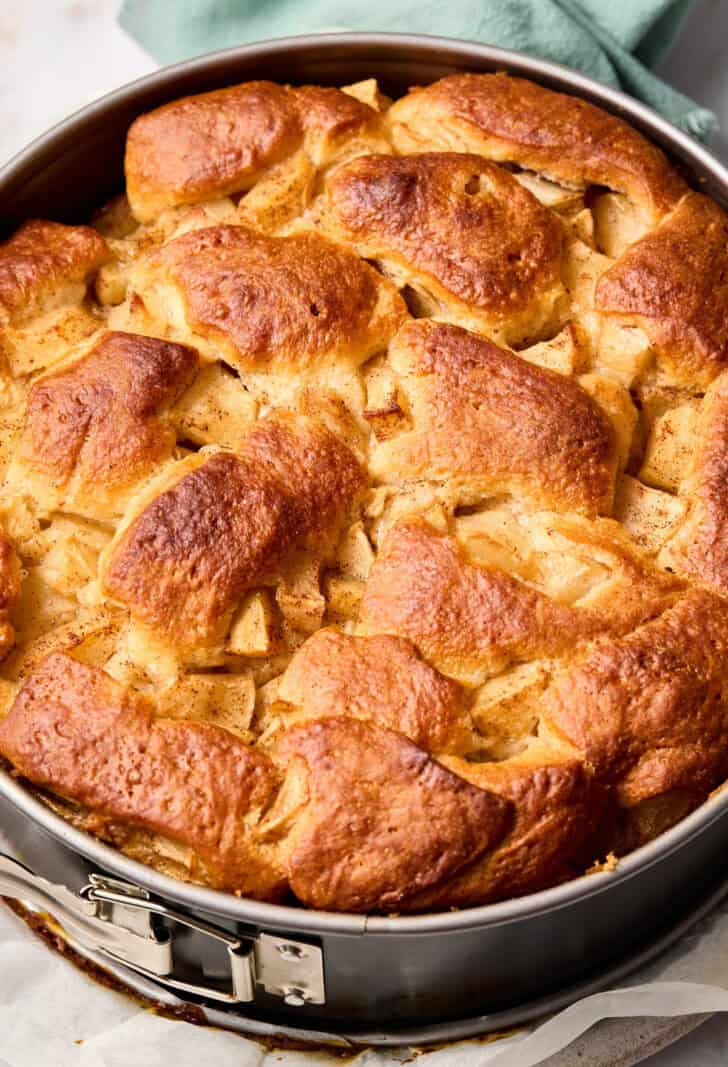 Baked Challah Bread with Apples in pan after baking