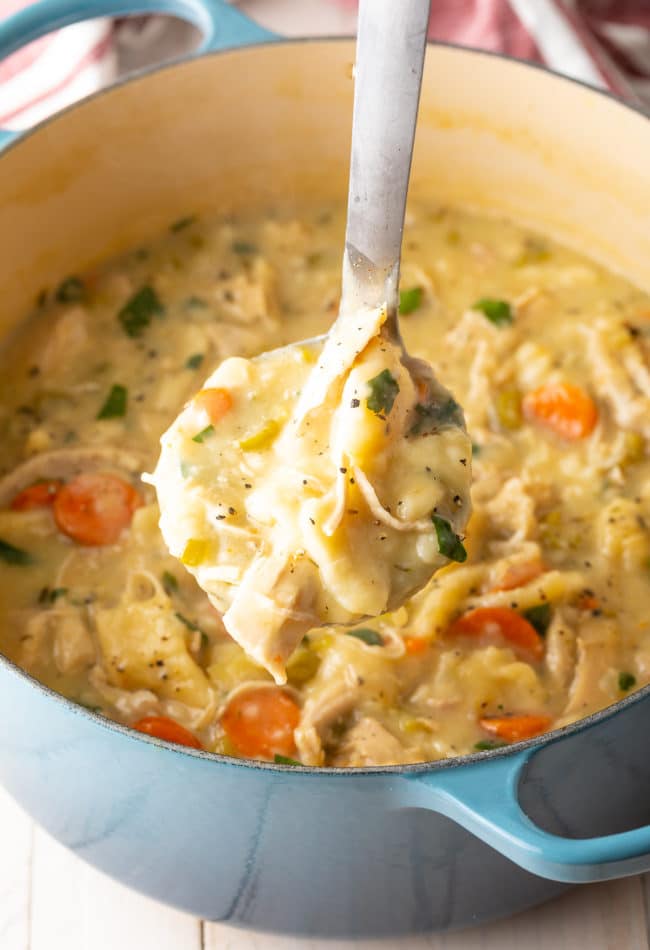 Ladle full of Chicken and Dumplings with more soup in the background. 