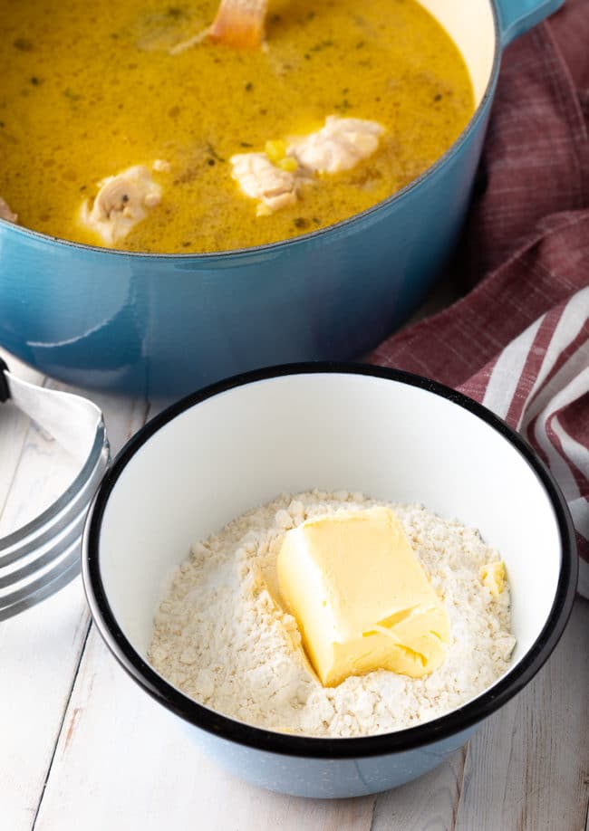 Making Dumplings with butter and flour in a bowl. 