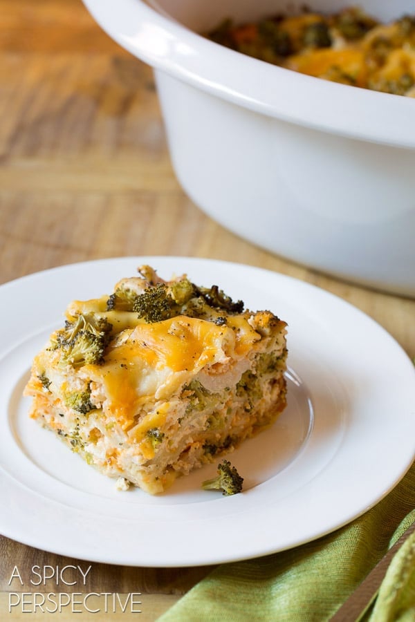 Comforting Chicken Broccoli Slow Cooker Lasagna served on a plate. 