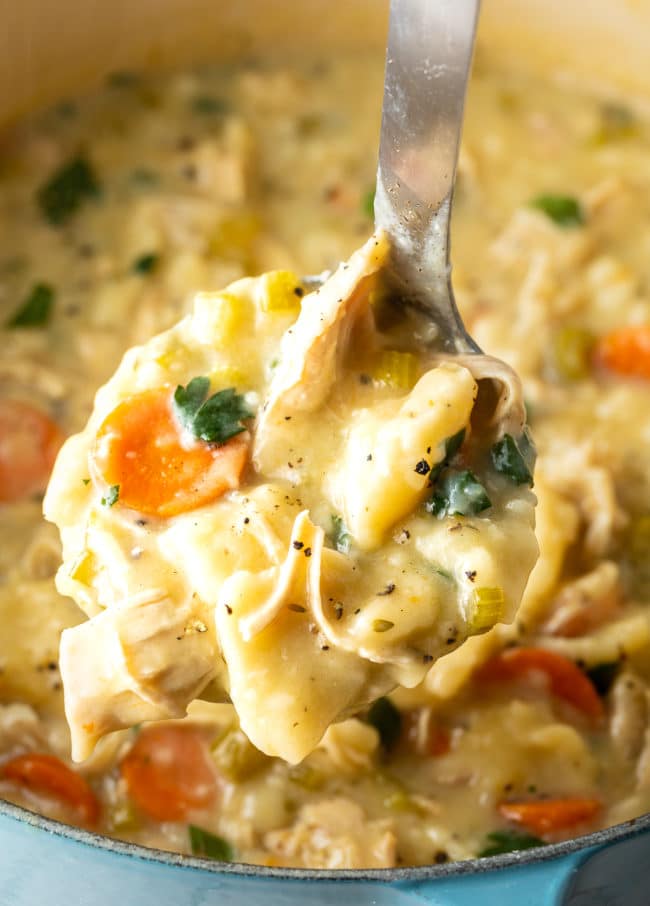 Ladle full of Chicken and Dumplings with more soup in the background. 
