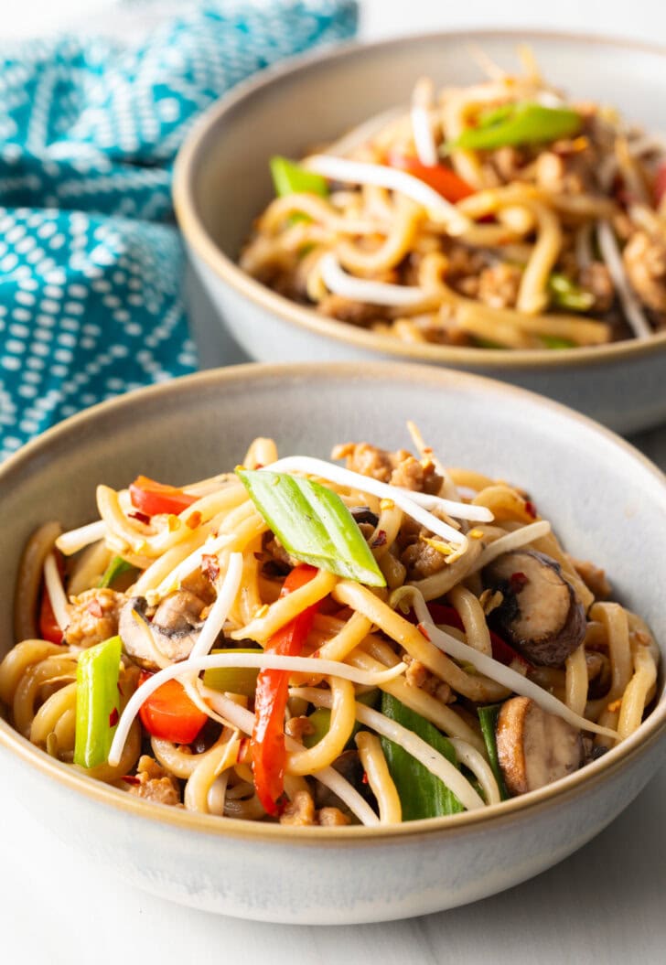 Bowl of chicken yaki udon topped with green scallion slices and mung beans.