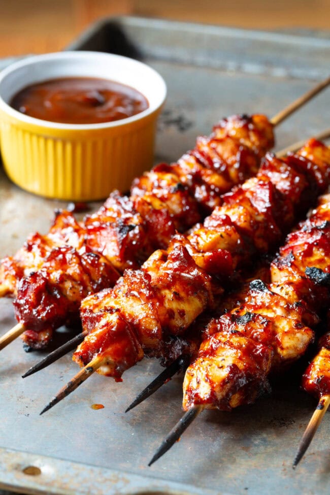 Chicken BBQ Skewers Recipe on baking tray with sauce