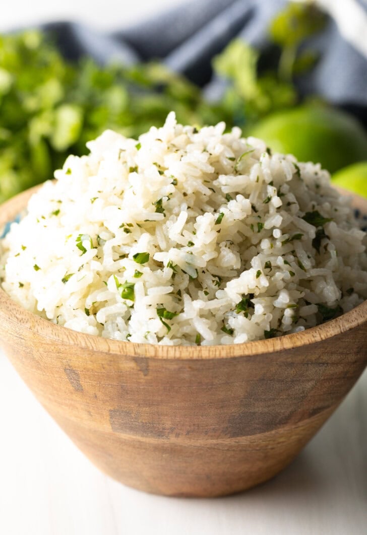 Bowl of chipotle rice with cilantro.