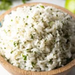 Bowl of chipotle rice with cilantro.