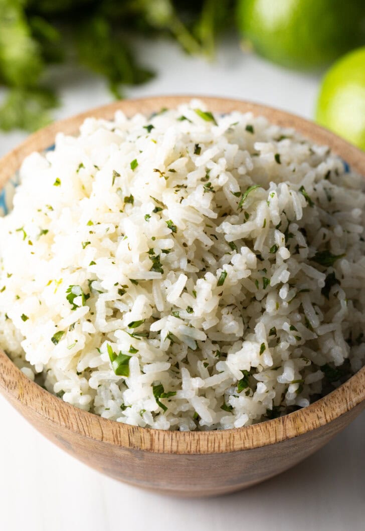 Bowl of chipotle rice with cilantro.