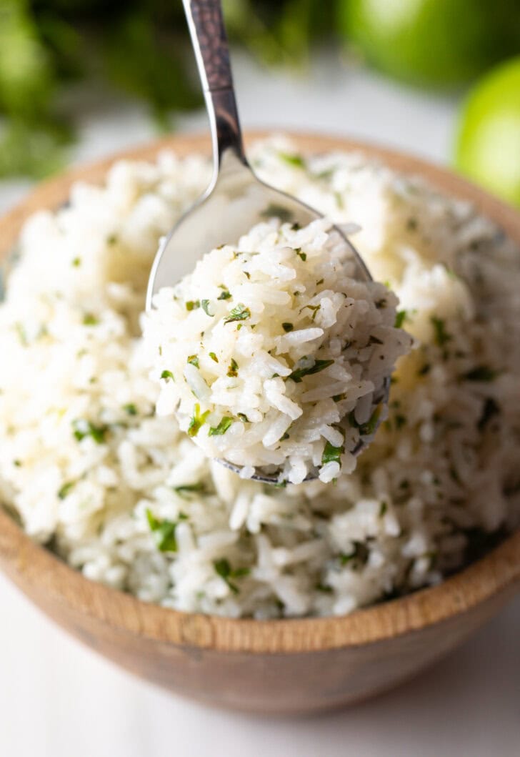 Metal spoon scooping rice to camera.