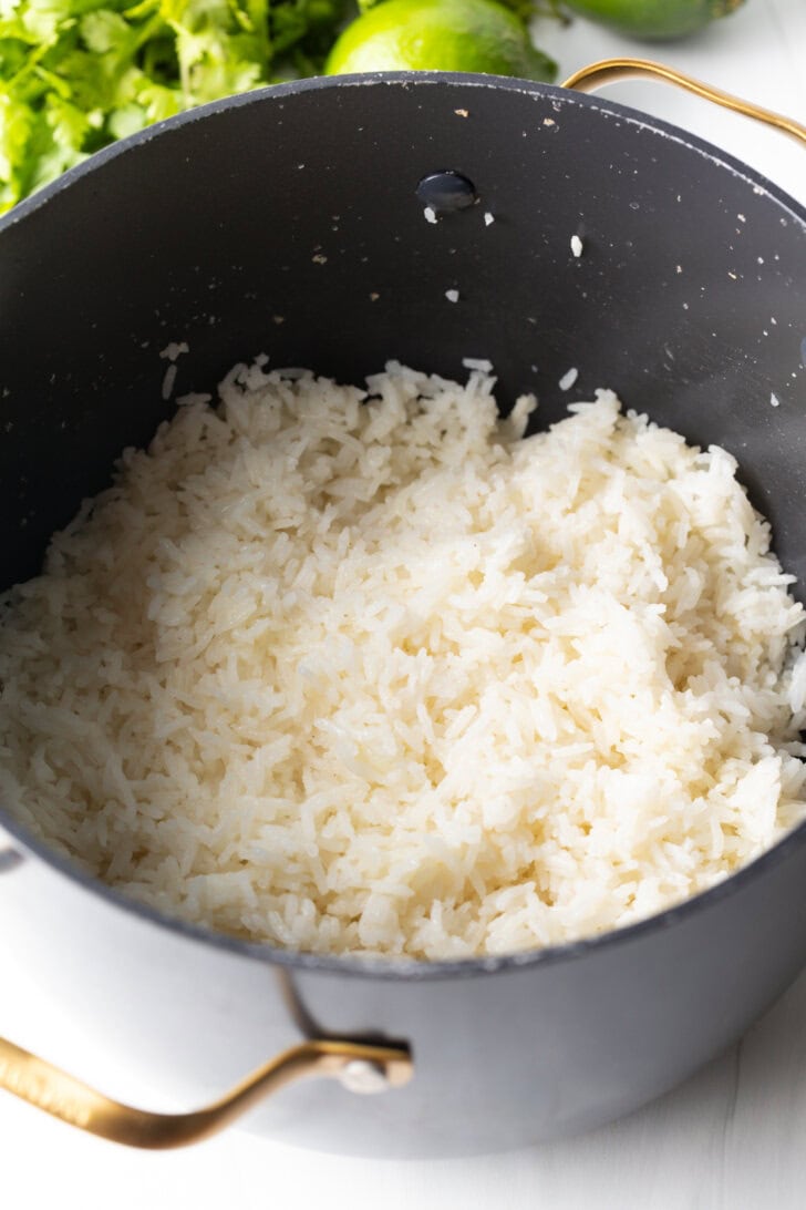 Pot of cooked white rice.