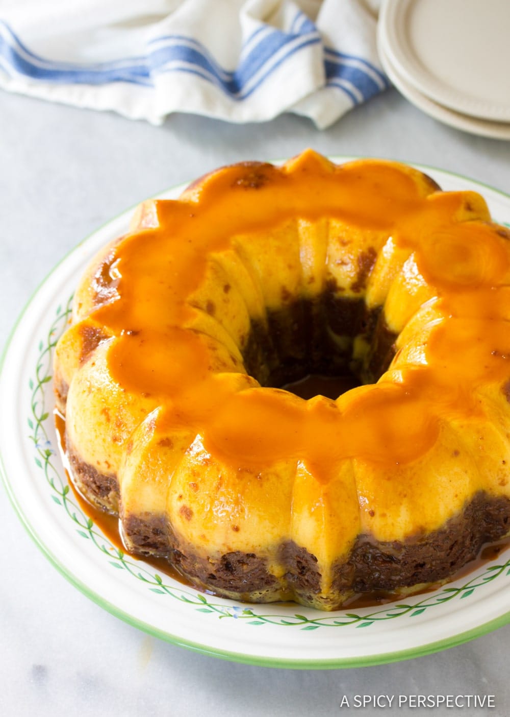 Mexican Chocoflan Impossible Cake after being baked and placed on a serving platter. 