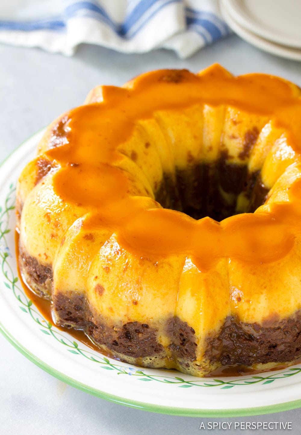 Chocoflan on a serving platter - before cutting cake.