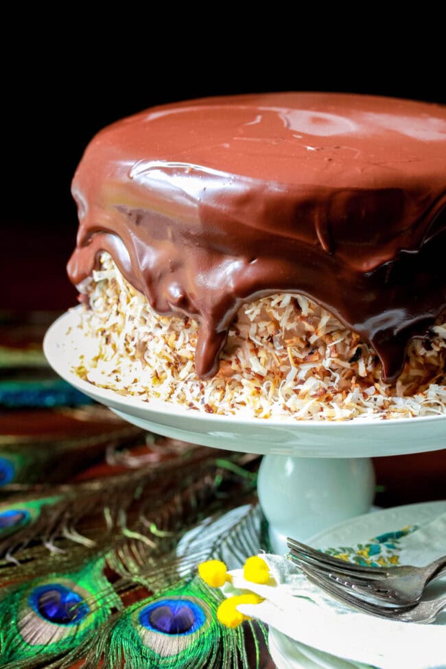 Chocolate coconut cake with bananas covered in ganache