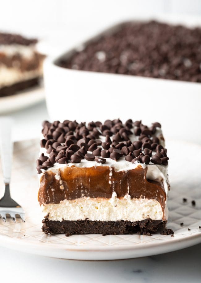 chocolate lasagna close up on plate