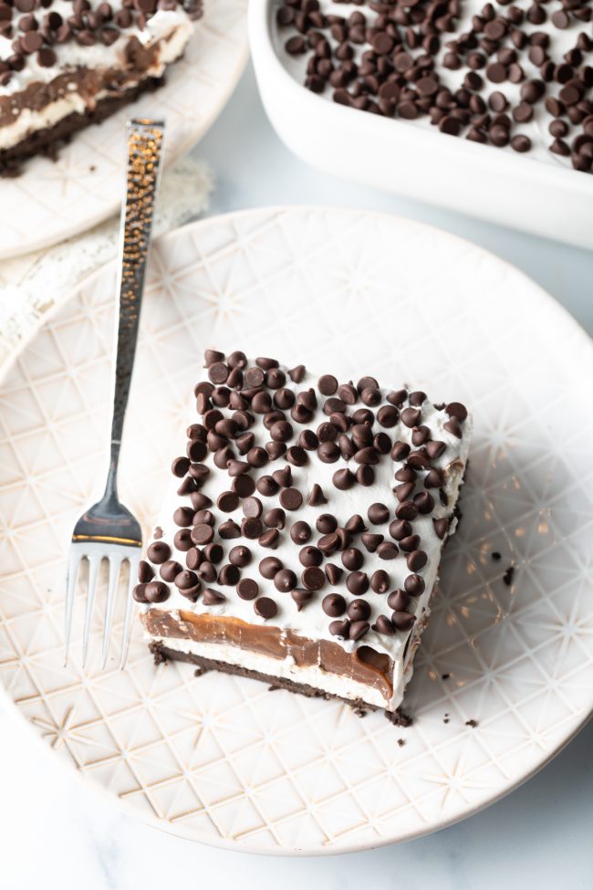 overhead view of layered pudding cake with mini chips