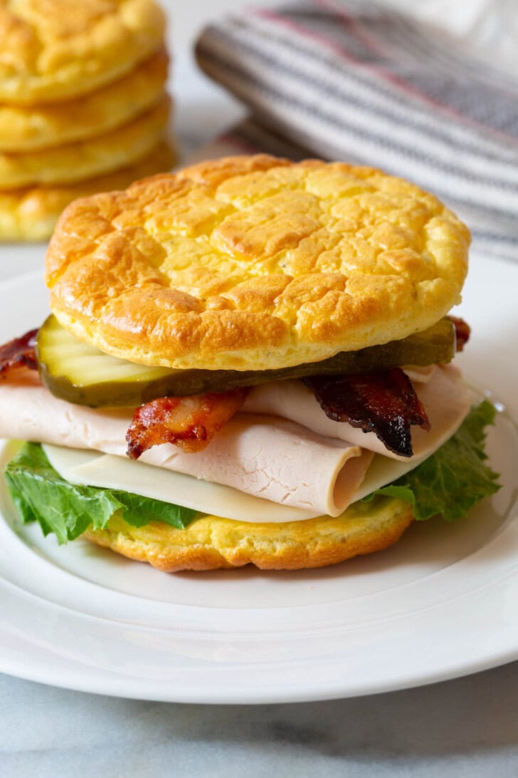 Turkey bacon sandwich made with low carb cloud bread. 