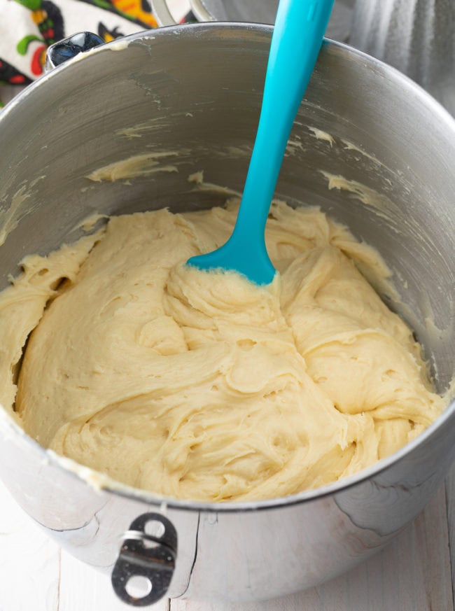 Cream Cheese Pound Cake batter in mixing bowl