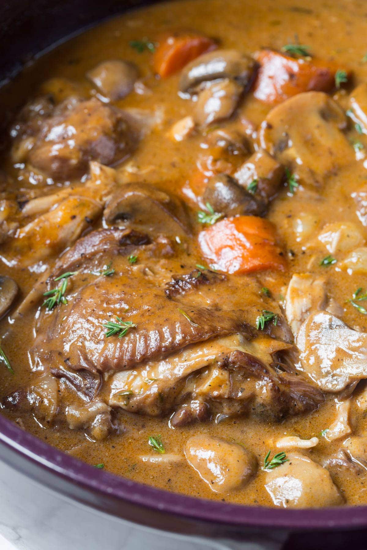 French Chicken Coq au Vine Recipe with mushrooms, vegetables, and herbs