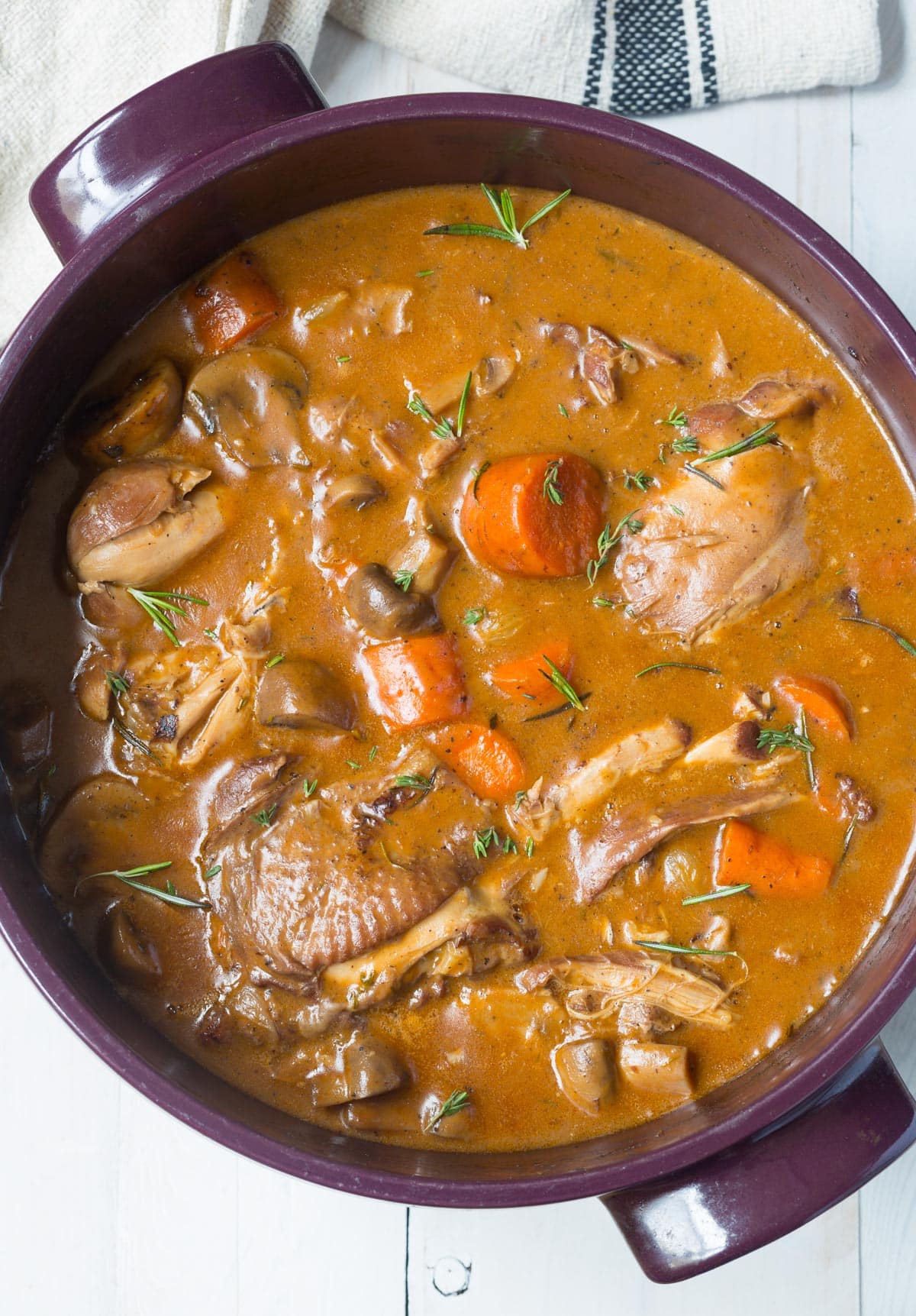 Best Creamy Chicken Coq au Vin Recipe  - overhead shot in pot