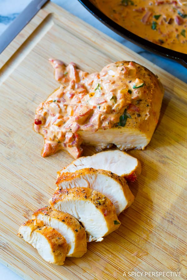 Roasted Red Pepper Chicken - sliced on cutting board