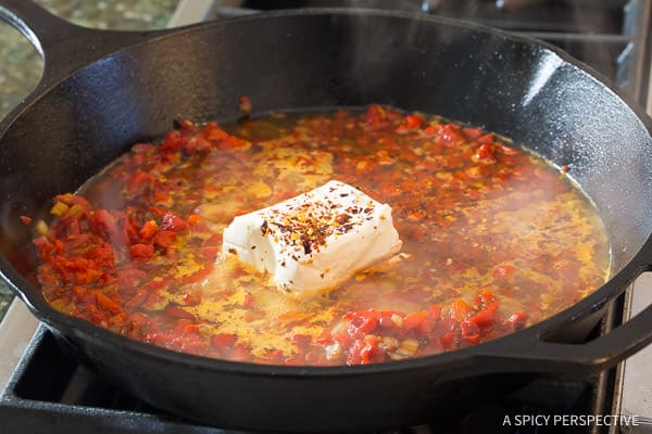 Creamy Roasted Red Pepper Chicken Skillet - add cream cheese to the onions and peppers