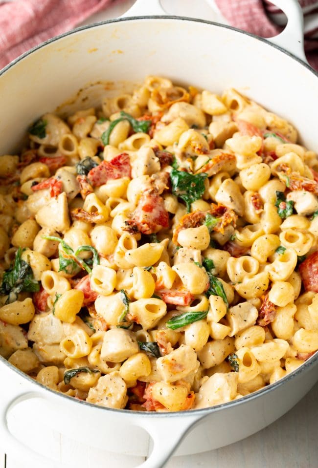 White pot of creamy macaroni noodles with chicken, sun dried tomatoes, and spinach.