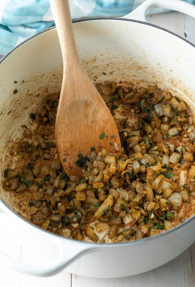 onions and seasonings in large pot