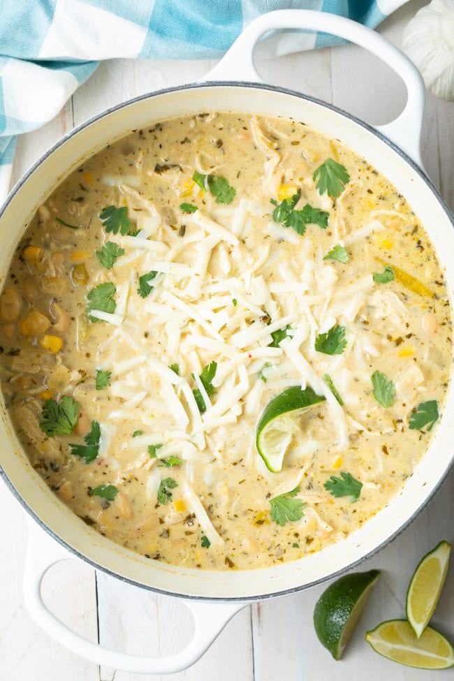 stovetop white chicken chili in large pot - overhead shot