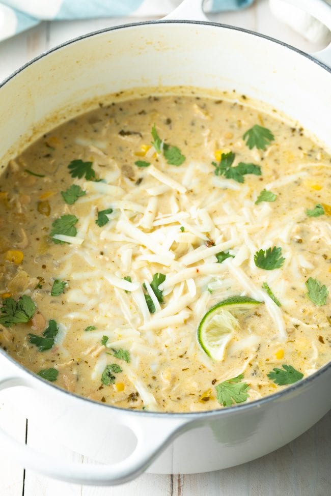 creamy chicken chili on the stovetop, instant pot, or slow cooker