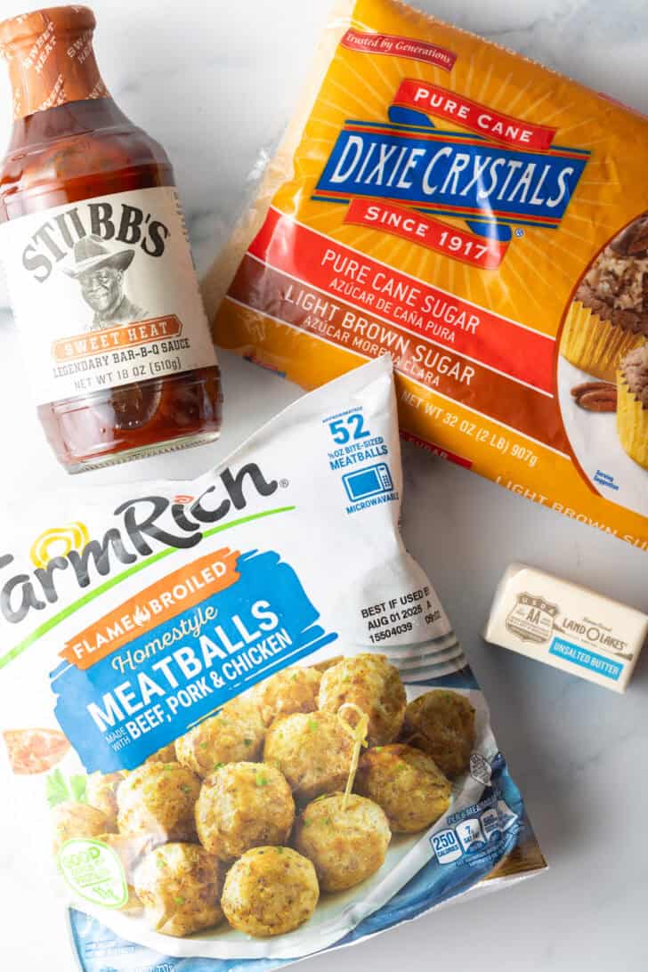 Top down ingredients you need: Bag of frozen meatballs, bottle of barbecue sauce, pack of brown sugar.