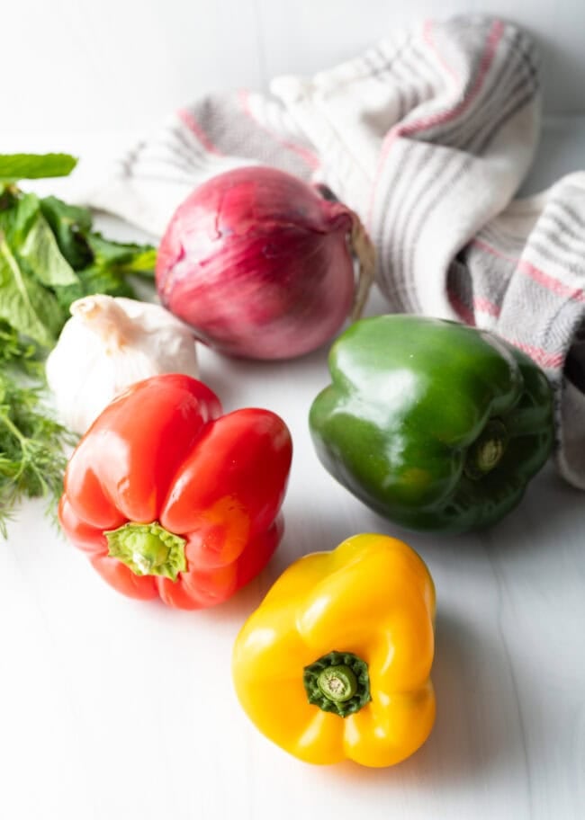 Pepper Salad - Green, red, yellow pepper and red onion, garlic.